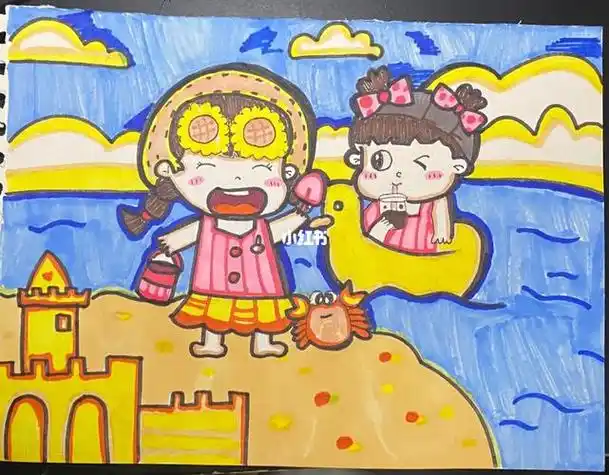 沙滩沙滩简笔画夏天去哪玩夏日滤镜人文绘画儿童沙滩玩水简笔画海滩上