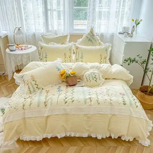 超柔全棉色织水洗棉四件套纯棉小清新花卉刺绣被套公主风床上用品