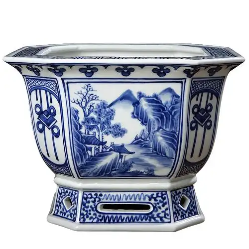 花盆兰花青花瓷山水手绘雅致文竹新中式陶瓷风格花盆