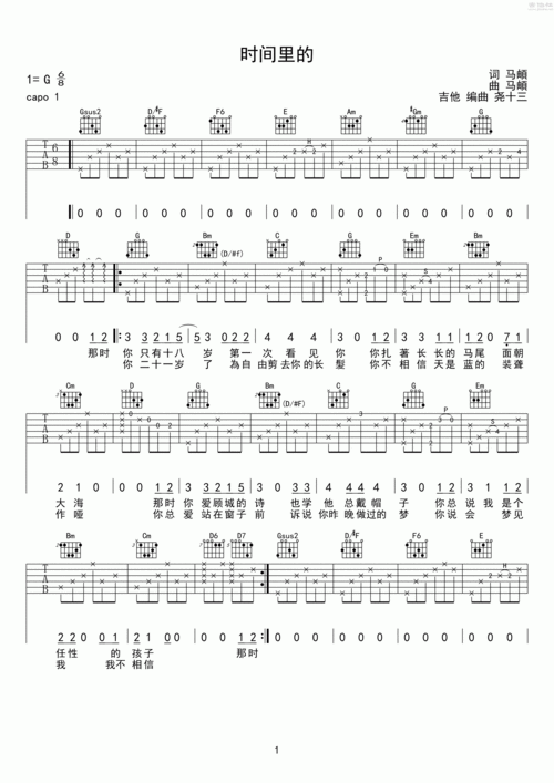 时间里的吉他谱(图片谱,民谣,弹唱,分解和弦)_马頔(麻油叶)_时间里的