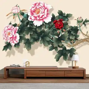 中式牡丹花壁画背景墙壁纸仿手绘工笔花鸟花开富贵壁布卧室无纺布