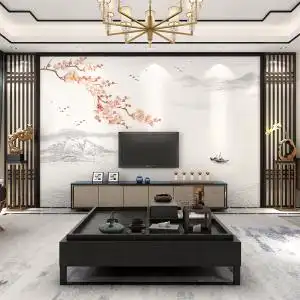 8d现代新中式墙布山水花鸟电视背景墙壁纸简约客厅沙发影视墙壁画
