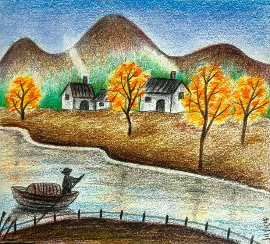 彩铅风景 #烟火 #村庄 #风景 #跟着抖音学画画 - 抖音