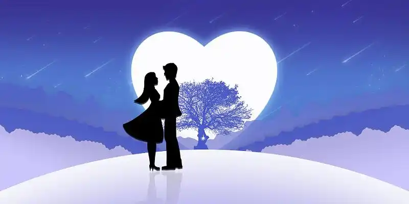 蓝色紫色简约唯美浪漫心形月亮山扁平情人节情侣约会展板背景