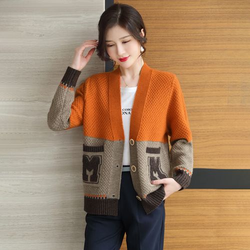 meiqi)开衫毛衣外套女新款春秋老妈装羊毛衫拼色针织衫宽松外搭 橙色