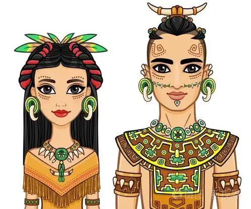 动画张穿着美国土著印第安人的全家福.孤立在白色背景上的矢量图