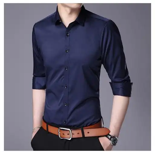 沐羊秋季薄款打底纯色韩版休闲轻奢商务男装翻领衬衫男m89706