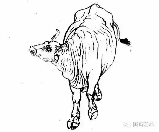 工笔画法以传统的国画白描手法画牛,用线概括,简洁.