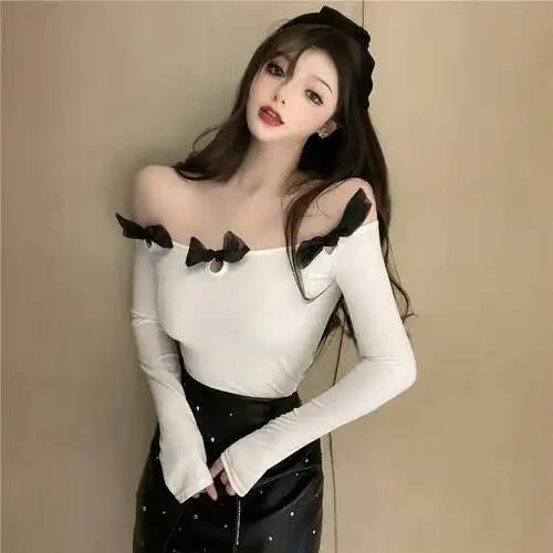 新款网红女装潮主播直播t恤蝴蝶结一字领性感上衣修身短款打底衫