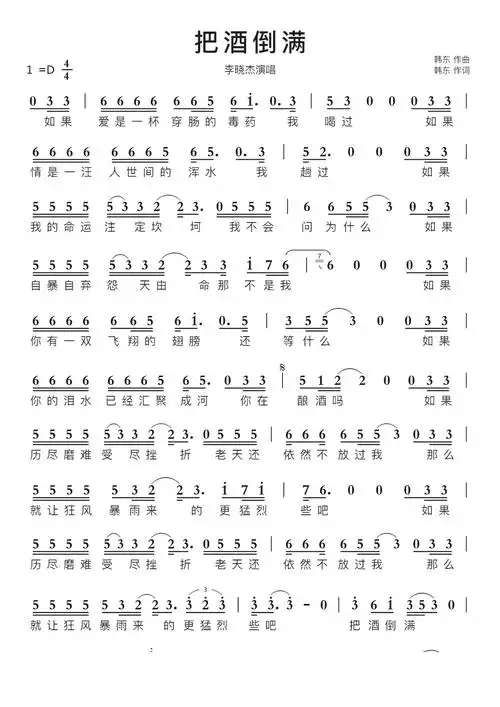 把酒倒满智能简谱李晓杰演唱
