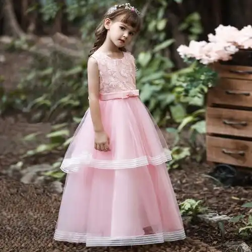 欧美儿童长款礼服绣花蓬蓬纱女童婚纱公主裙小女孩钢琴演出连衣裙