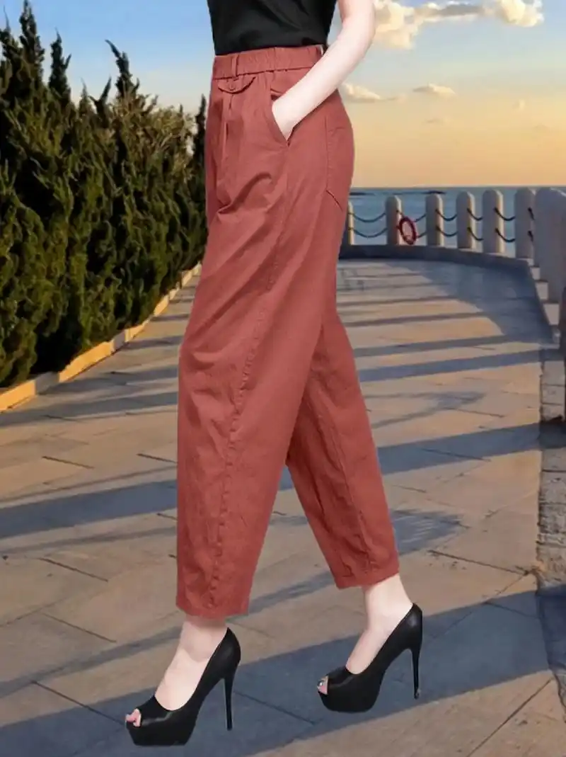 纯棉九分裤女夏季新款宽松百搭小脚哈伦裤洋气显瘦高腰休闲裤薄款纯棉