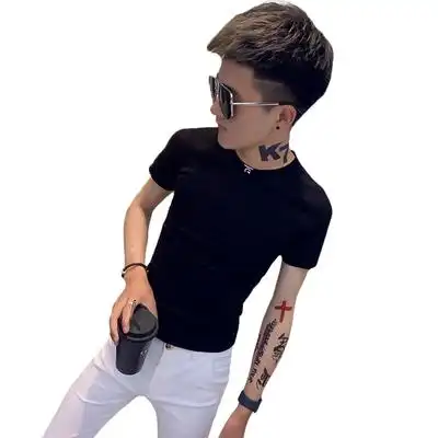 精神小伙短袖男t袖潮流修身社会人纯色帅气半截袖体恤紧身上衣服