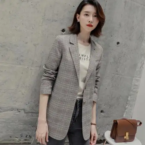 格子小西装女外套中长款2020春季新款韩版一粒扣显瘦气质格纹西服