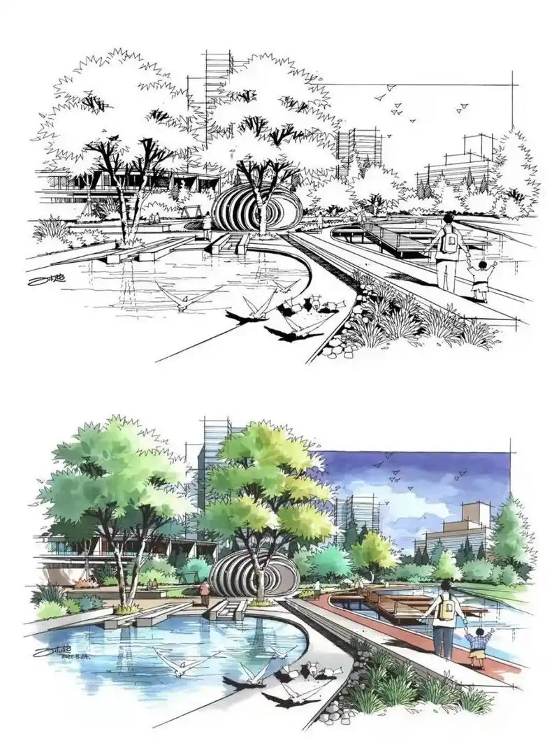一组园林景观效果图马克笔手绘线稿上色献上