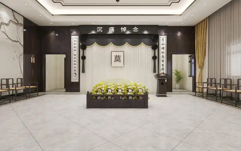 九,场景布置,礼仪辅导,告别仪式;八,空调大巴接送至殡仪馆举行告别