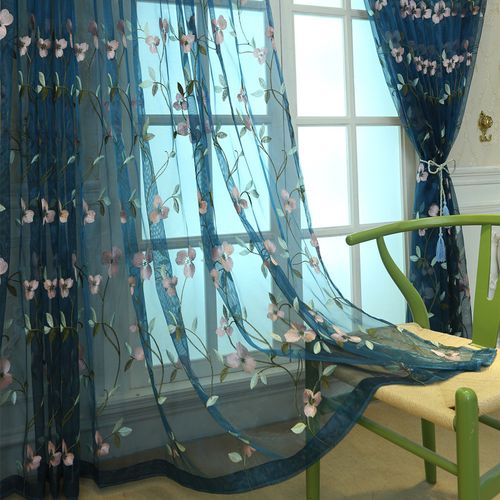 定制中式孔雀蓝绣花纱帘透光不透人窗纱窗帘韩式田园客厅阳台纱