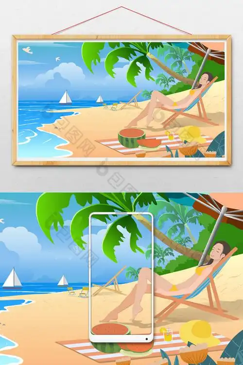 橘色浪漫风海滩大海女孩比基尼插画图片