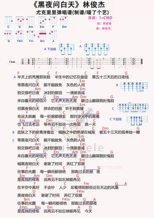 林俊杰《黑夜问白天》尤克里里谱