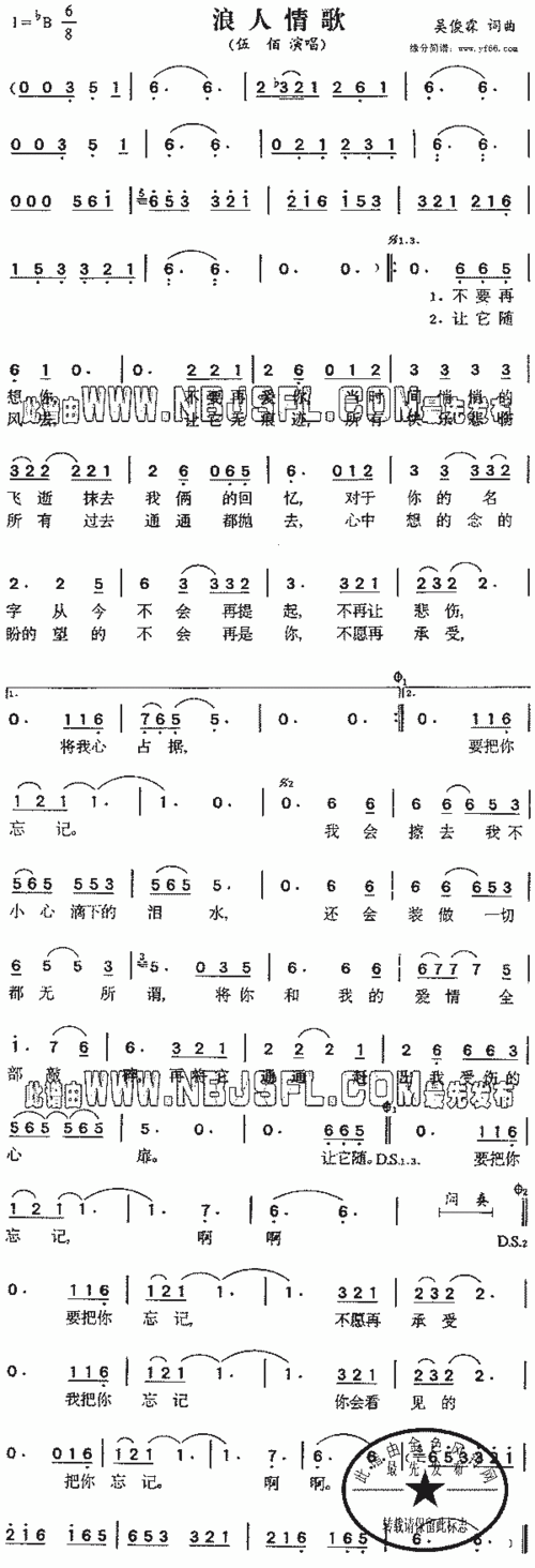 伍佰浪人情歌简谱,伍佰浪人情歌歌谱,伍佰浪人情歌歌词,曲谱,琴谱