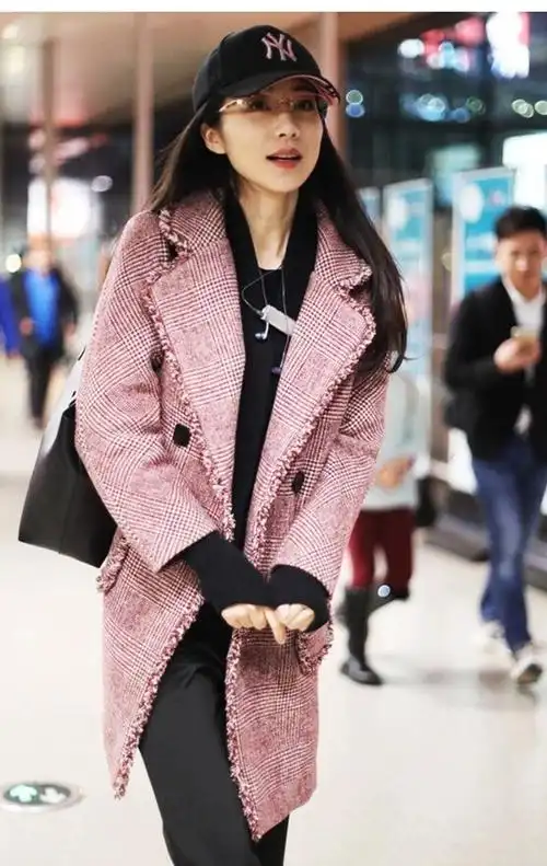 韩雪明星同款衣服2018新款流行格子大衣女中长款韩版流苏毛呢外套