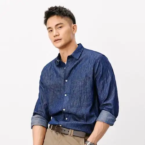 特价男装男士自然褶皱长袖衬衫潮流新款翻领衬衫