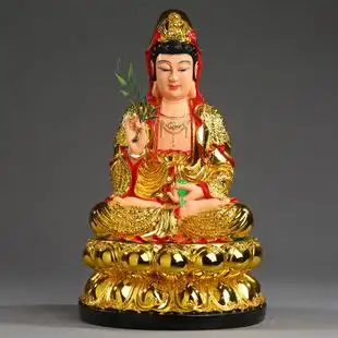 厂家批发树脂观音19寸彩绘莲花观音菩萨开光家用鎏金观世音佛像