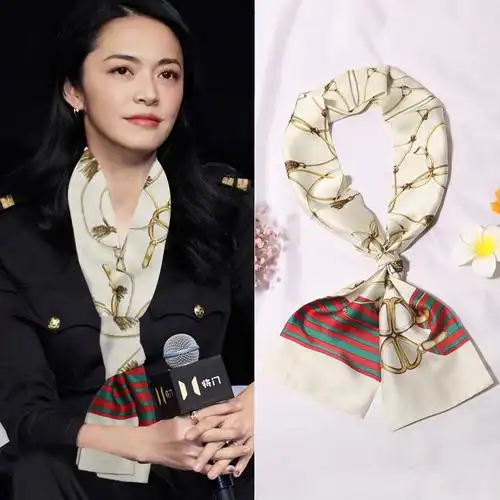 四叶草黄色 品牌: 伦克巴吉 商品名称:姚晨细窄长条小丝巾女洋气时尚