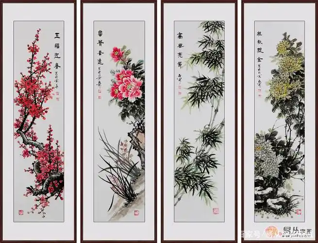 "四君子"是国画创作中惯用的素材,以梅,兰,竹,菊寓意高贵品质和崇高