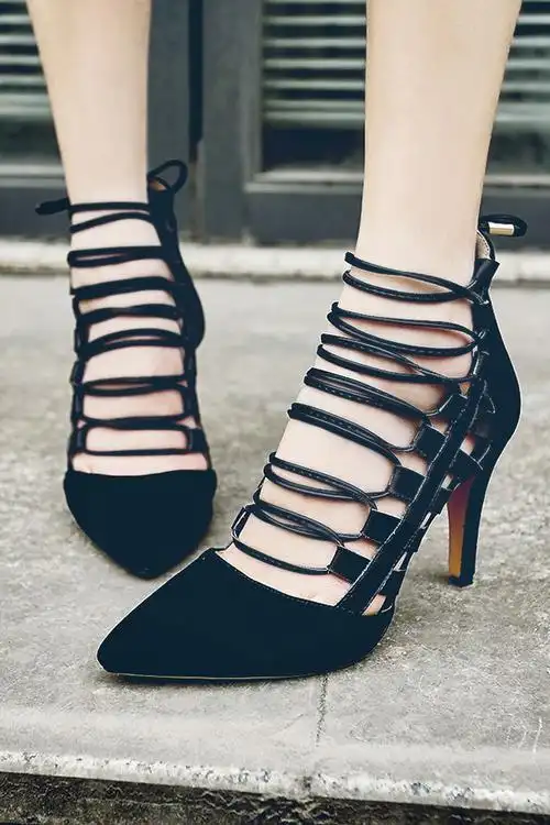 欧美范气质真皮尖头绑带高跟鞋