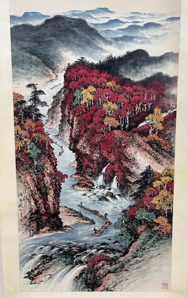 关山月,(秋溪放筏图)精品山水95x17.#字画 #藏品 # - 抖音
