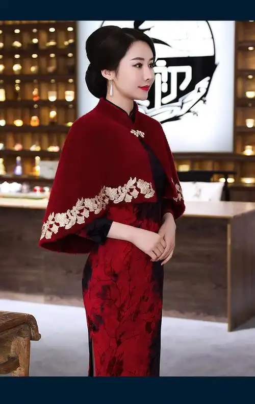 冬天旗袍披肩斗篷婚礼服妈妈搭配女喜中婆婆刺绣保暖民族风外搭 红色
