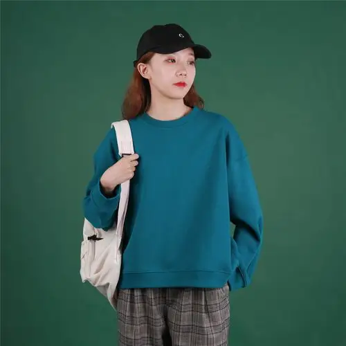 孔雀小个子圆领短款卫衣女纯色显瘦慵懒百搭学生卫衣