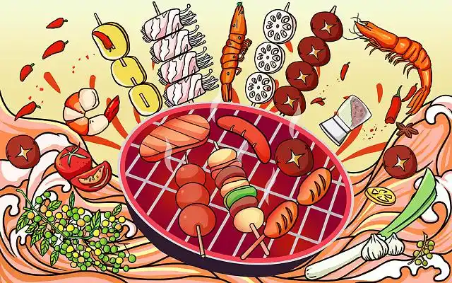 黑色简约风格烧烤代金券烧烤代金券卡券红色插画夏天就要吃烧烤烧烤