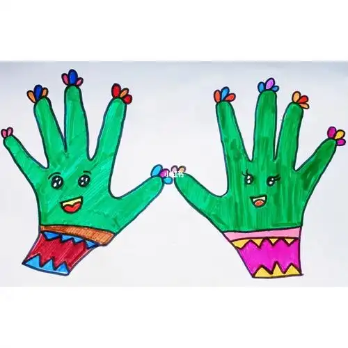 一年级小朋友手掌画水彩手掌盆景仙人掌#马克笔  #儿童画  #手掌画