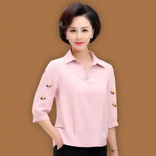 母亲节妈妈夏装短袖翻领雪纺t恤40岁50中年女夏季衬衫上衣服洋气