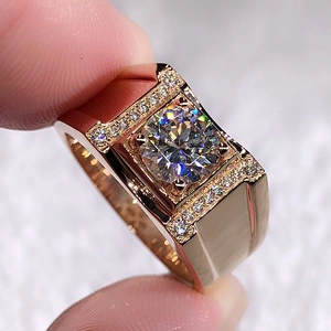 18k玫瑰金莫桑石男戒婚戒 1-2克拉钻石戒指白金男士钻戒 光面喷砂