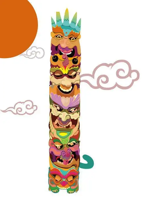 中国图腾柱子简笔画彩色