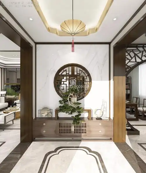 建房图库 北京大兴魏家新中式别墅玄关背景墙采用整块大理石板瓷砖铺