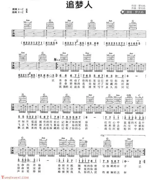 吉他弹唱流行歌曲追梦人a小调四二拍分解和弦指弹吉他谱