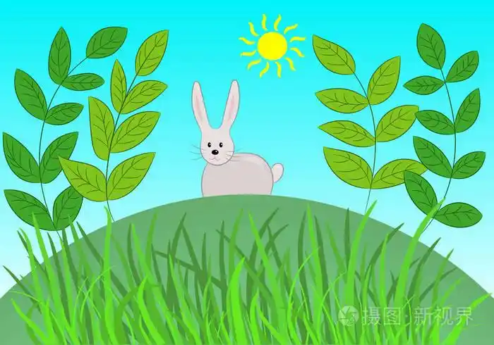 滑稽的灰色兔子坐在绿色小山在草和晒太阳