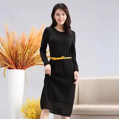 声雨竹女装专柜秋冬款休闲宽松圆领套头ol纯色针织中长连衣裙