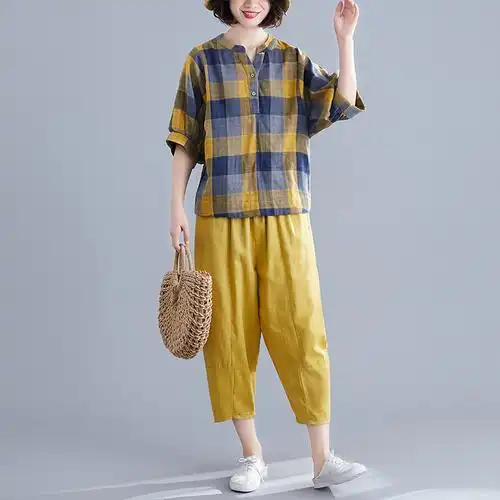 大码棉麻套装女夏季新款文艺大码女装复古格子衬衣哈伦裤