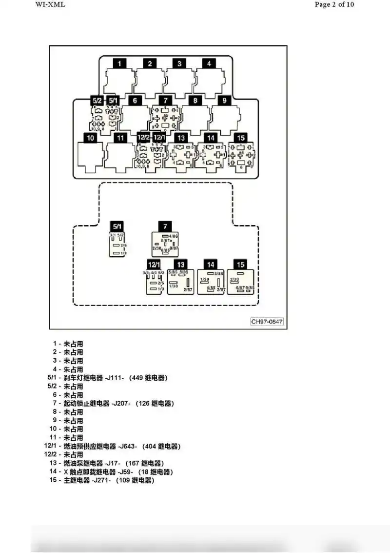 2006-2010年款大众波罗polo保险丝继电器安装位置及其功能说明 有需要