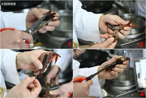 完整的剪虾过程(1,去虾头  2,去小爪  3,去虾线  4,开虾背).