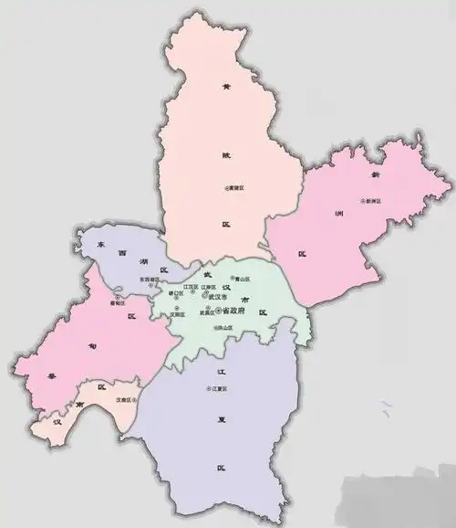 截至2019年3月,武汉市辖江岸区,江汉区,硚口区,汉阳区,武昌区,青山区