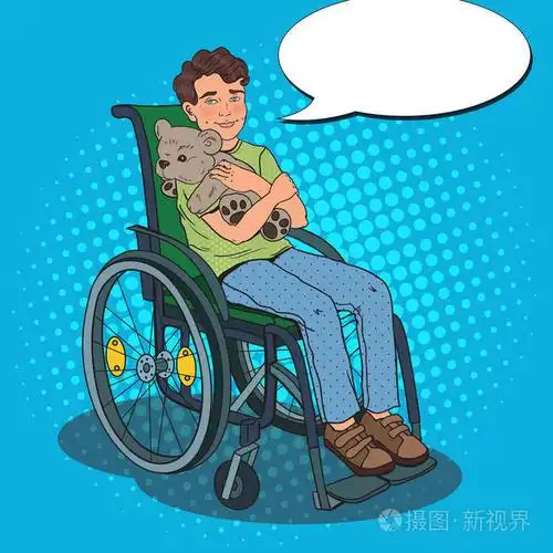 快乐的残疾的男孩,坐在轮椅上.波普艺术矢量图