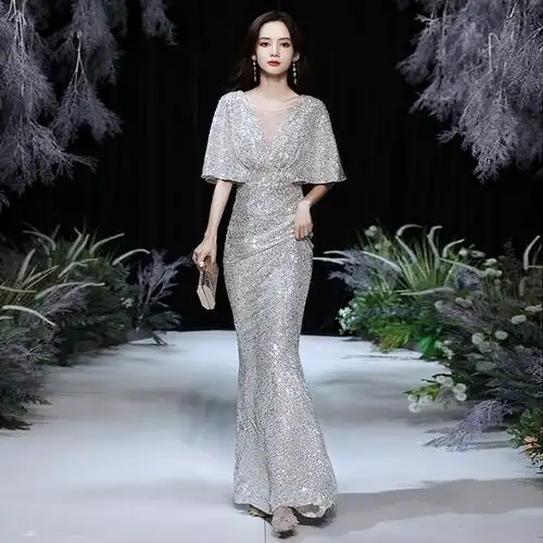 小众感轻名高级主持人奢媛亮片晚礼服宴会新款裙女礼服