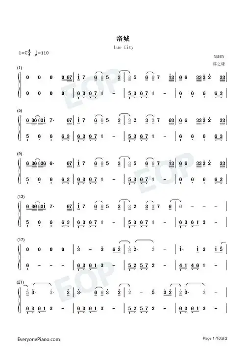 洛城-c调简单版-薛之谦双手简谱预览1