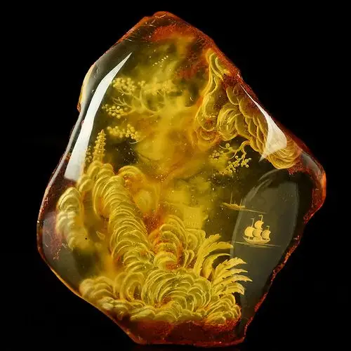 【胡杰大师阴雕】79.65克 原矿通透金绞蜜琥珀一帆风顺摆件